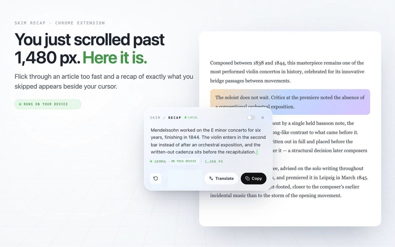 A recap card beside the cursor, over the passage that was scrolled past.