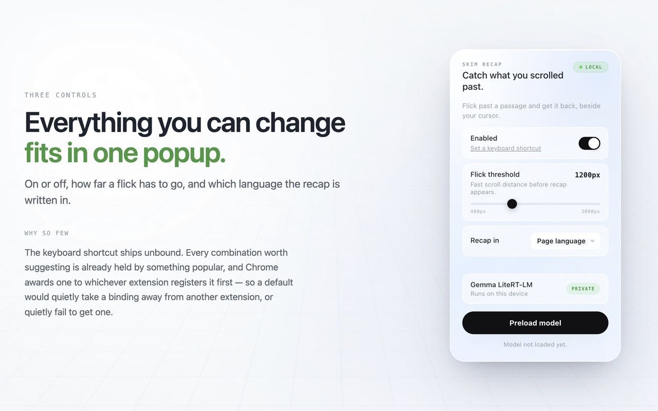 The extension popup: an enabled toggle, a flick threshold slider, a recap language selector, and a preload button.